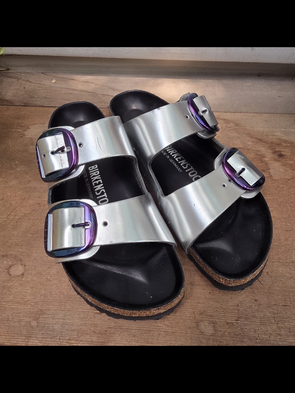 Birkenstock Arizona Metallic Silver Slide Sandals with Iridescent Buckles - Picture 2 of 7